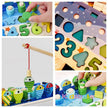Collage of children's educational toys including a fishing game and shape sorter.