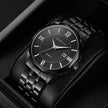 Black wristwatch with Roman numeral markers on a dark background
