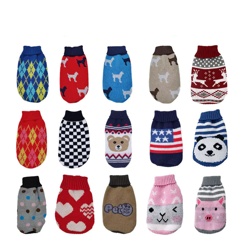 Various colorful pet sweaters with different patterns on a white background