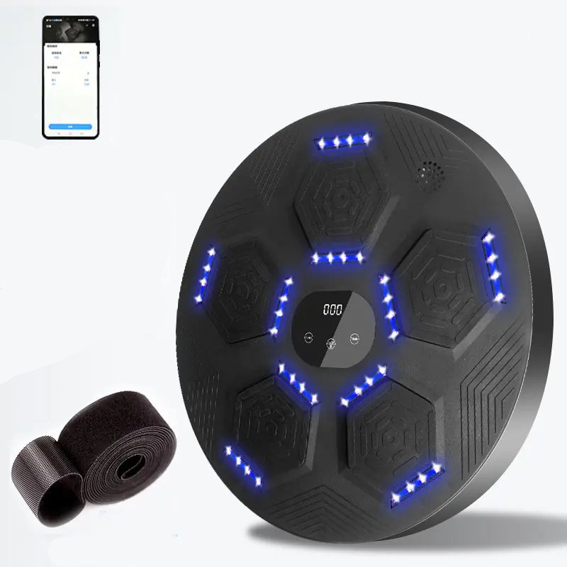Black exercise board with blue LED lights and smartphone app interface on a white background