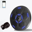 Black exercise board with blue LED lights and smartphone app interface on a white background
