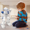 Child playing with a robot toy on a light surface