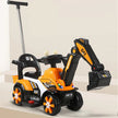 Children's toy excavator with push handle and colorful lights on a beige background