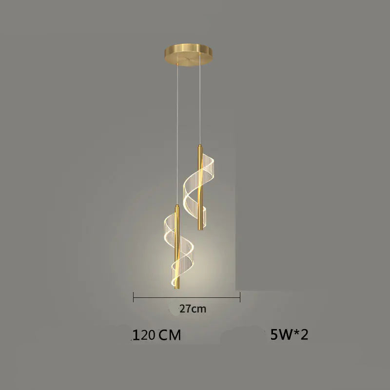 Gold spiral pendant light on a gray background with text providing dimensions and power details.