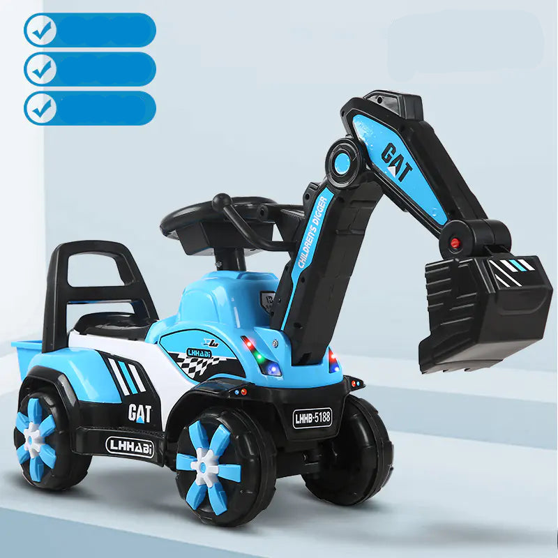 Toy excavator with blue and black design on a light gray background
