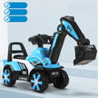 Toy excavator with blue and black design on a light gray background