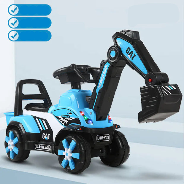 Toy excavator with blue and black design on a light gray background