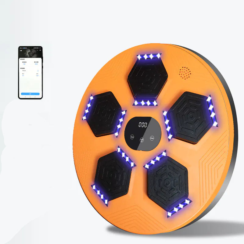 Orange electronic device with black hexagonal pads and LED lights on a white background