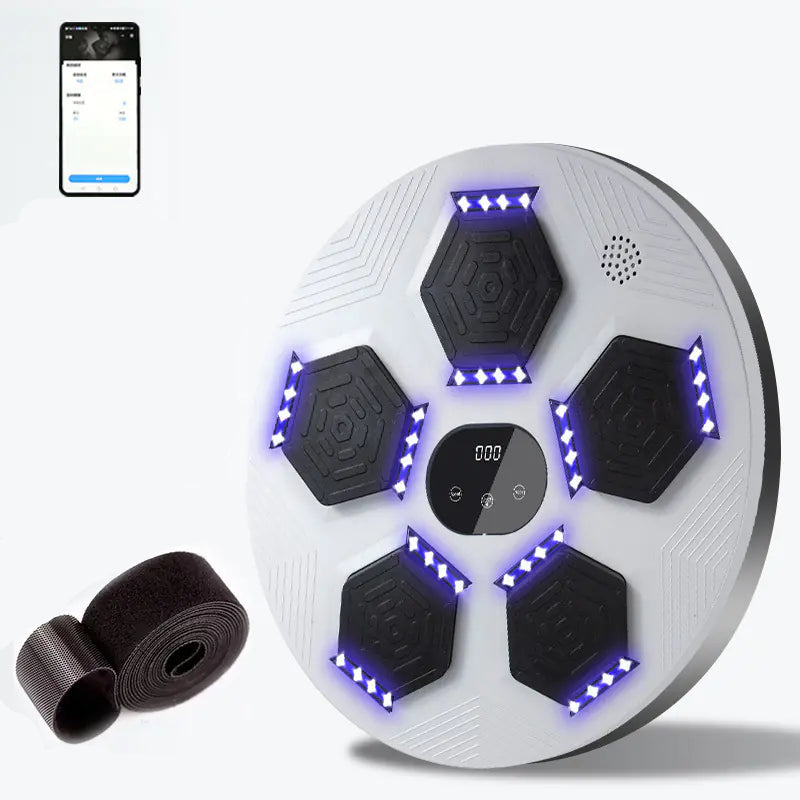 Round electronic device with LED lights and app interface on smartphone