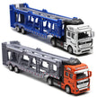 Two toy car transport trucks, one blue and white, one orange and gray, on a white background.