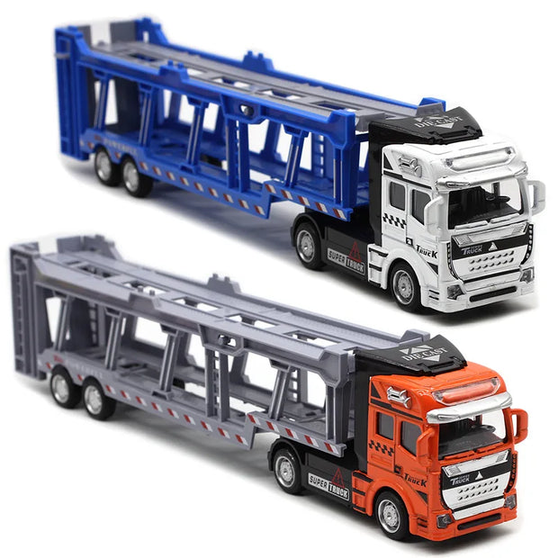 Two toy car transport trucks, one blue and white, one orange and gray, on a white background.