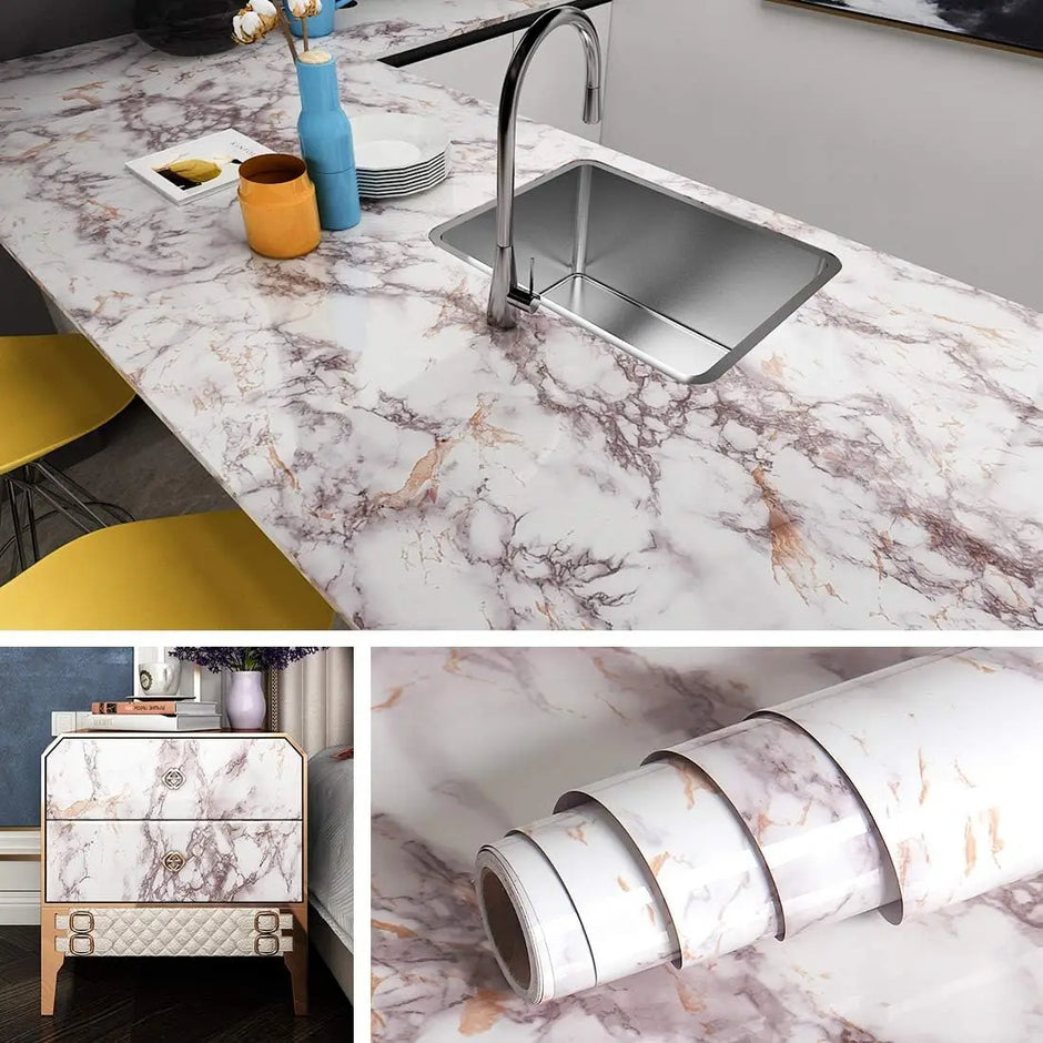 Marble-patterned countertop with sink, followed by images of the product packaging.