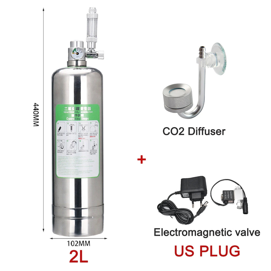 CO2 tank with CO2 diffuser, electromagnetic valve, and power adapter on a white background