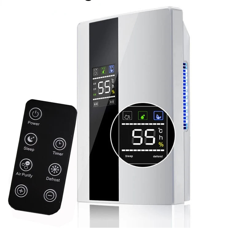 Air purifier with digital display and remote control on a white background