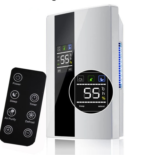 Air purifier with digital display and remote control on a white background