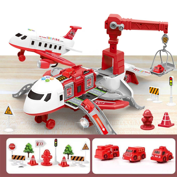 Toy fire station with airplane, crane, and accessories on a wooden surface.
