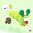 Green caterpillar-shaped toy with a red mouth and white eyes on a light green background.