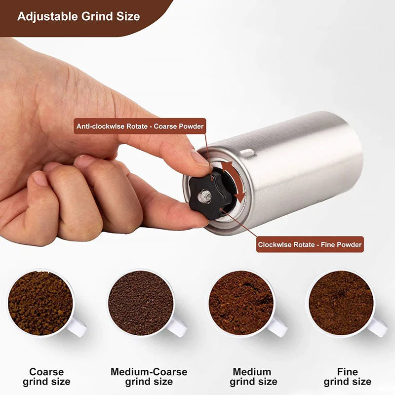 Coffee grinder with adjustable grind size feature and demonstration of different grind sizes.