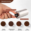 Coffee grinder with adjustable grind size feature and demonstration of different grind sizes.