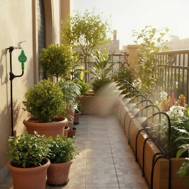Garden irrigation system with multiple nozzles watering plants, shown in a collage format.