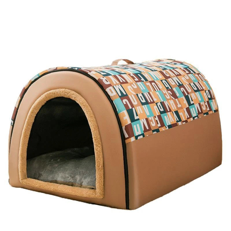 Pet house with patterned roof and beige base on a white background