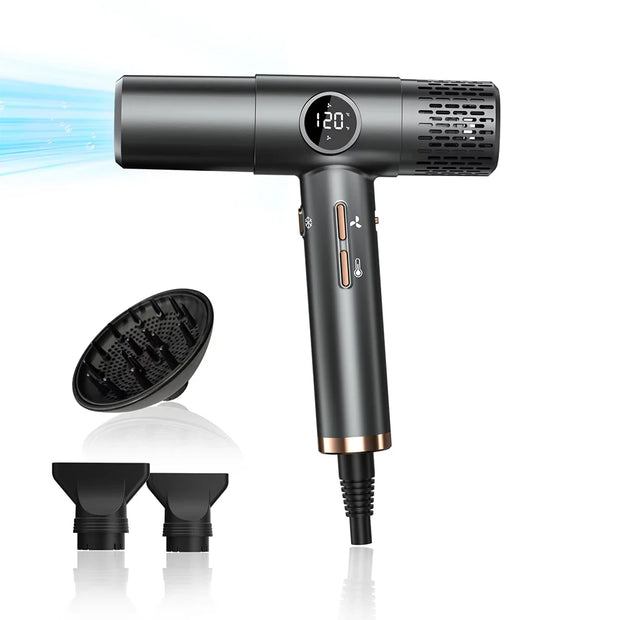 Hair dryer with attachments on a white background