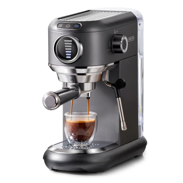 Espresso machine dispensing coffee into a glass cup on a white background