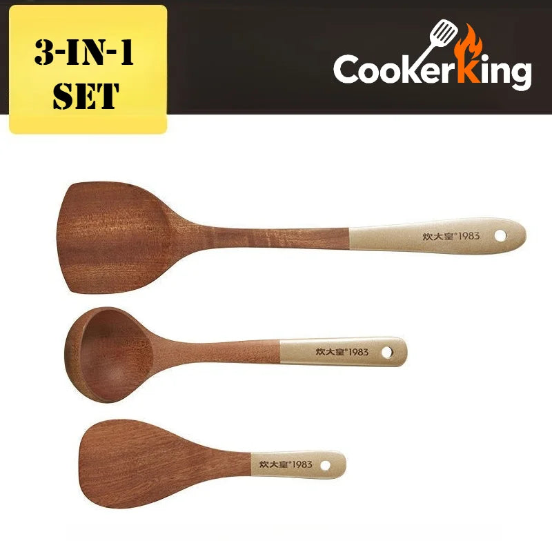 Three wooden cooking utensils with beige handles on a white background, featuring the 'CookerKing' brand.