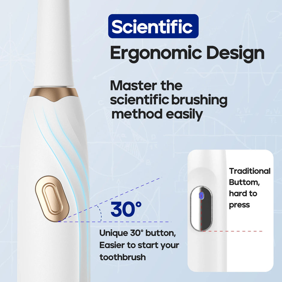 Toothbrush with ergonomic design features and text on a light blue background