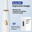 Toothbrush with ergonomic design features and text on a light blue background