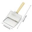 Metal mesh tool with wooden handle and dimensions indicated on a white background