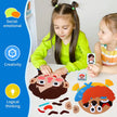 Two children playing with a face-making game on a table, with icons indicating social-emotional, creativity, and logical thinking benefits.