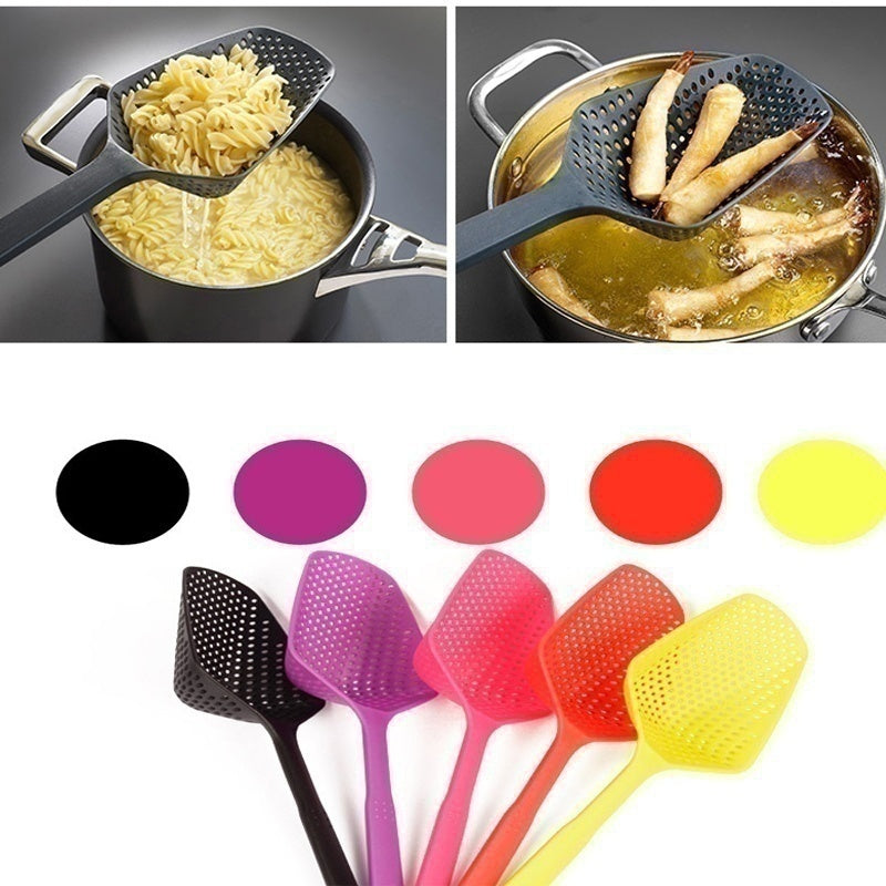 Multicolored kitchen ladles used for cooking with images of pasta and frying food.