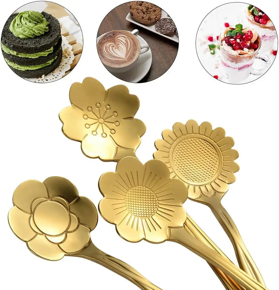 Gold flower-shaped spoons on a white background with images of food in corners.