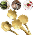 Gold flower-shaped spoons on a white background with images of food in corners.
