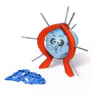 Toy with a cartoon face and metal spikes on a white background