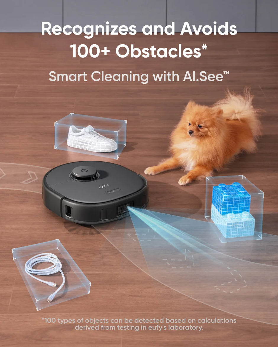 Robotic vacuum cleaner on a wooden floor with a dog and various objects, highlighting AI obstacle avoidance technology.