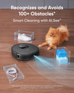 Robotic vacuum cleaner on a wooden floor with a dog and various objects, highlighting AI obstacle avoidance technology.