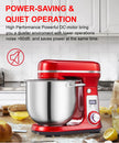 Red stand mixer with power-saving and quiet operation features in a kitchen setting.