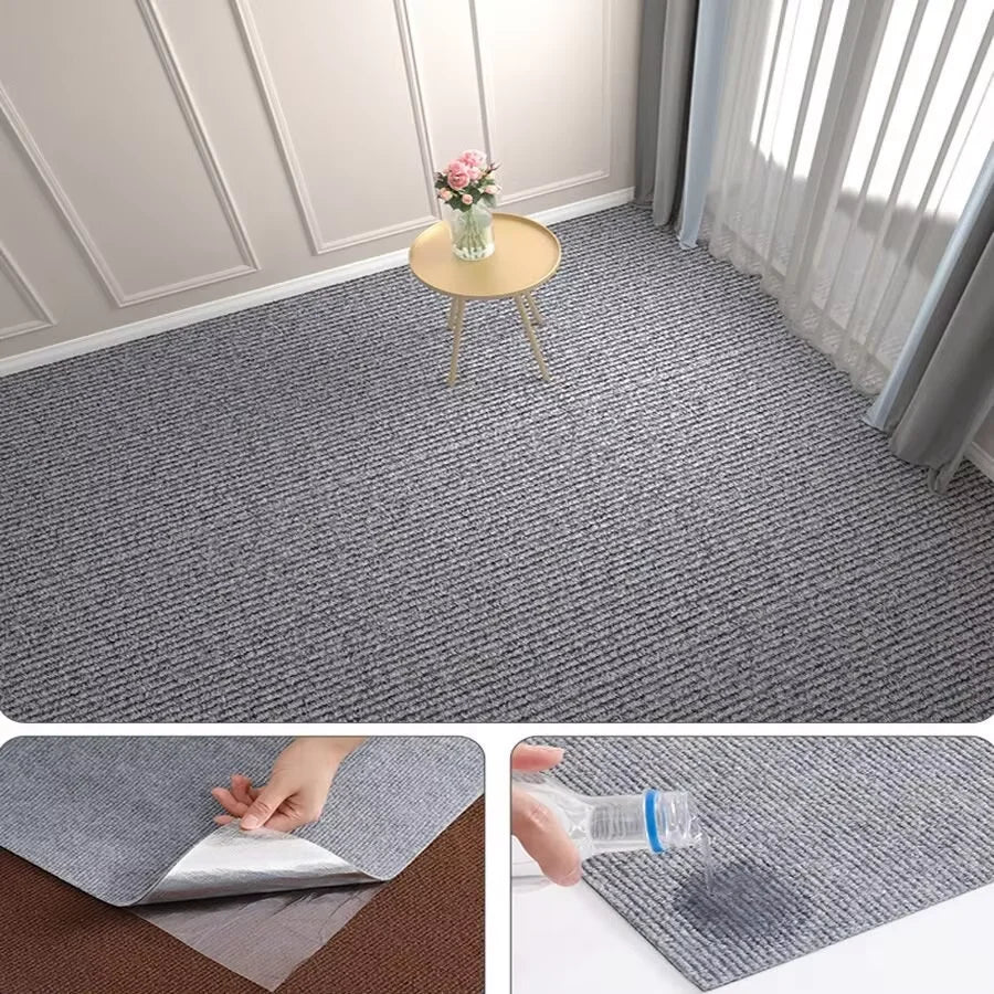 Gray carpet with a small table and flower vase, followed by close-ups of a hand applying a mat and a bottle being poured.
