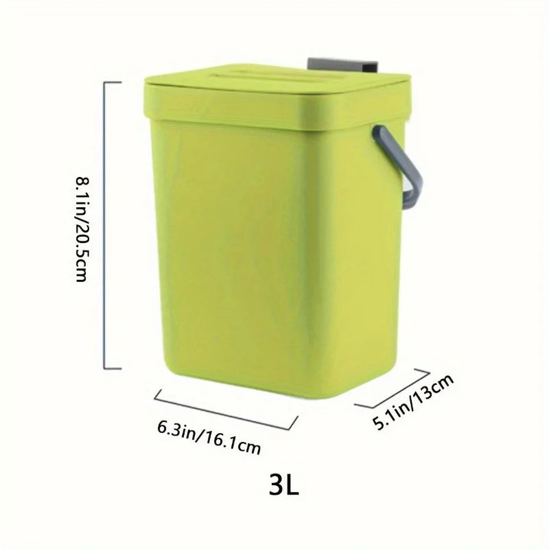 Green trash bin with dimensions on a white background
