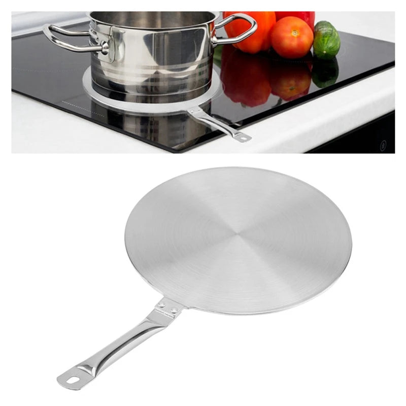 Stainless steel frying pan on a white background with inset of pot and fruits.