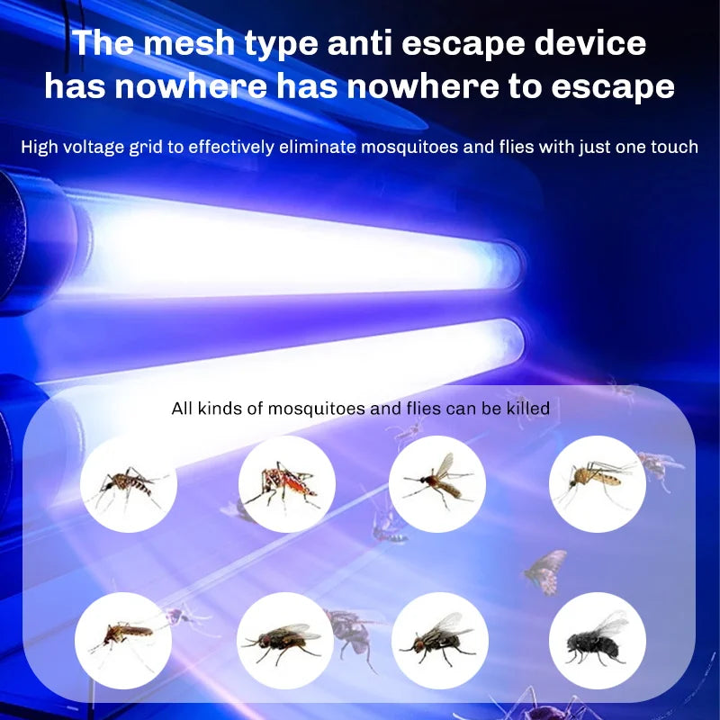 Insect-killing device with blue light and images of mosquitoes and flies on a dark background