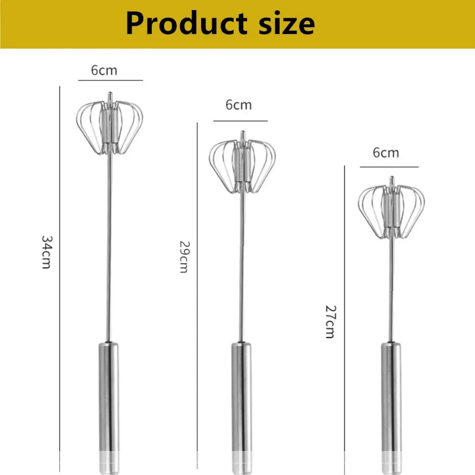 Measurement chart showing dimensions of three metal whisks with clear plastic ends.