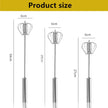 Measurement chart showing dimensions of three metal whisks with clear plastic ends.