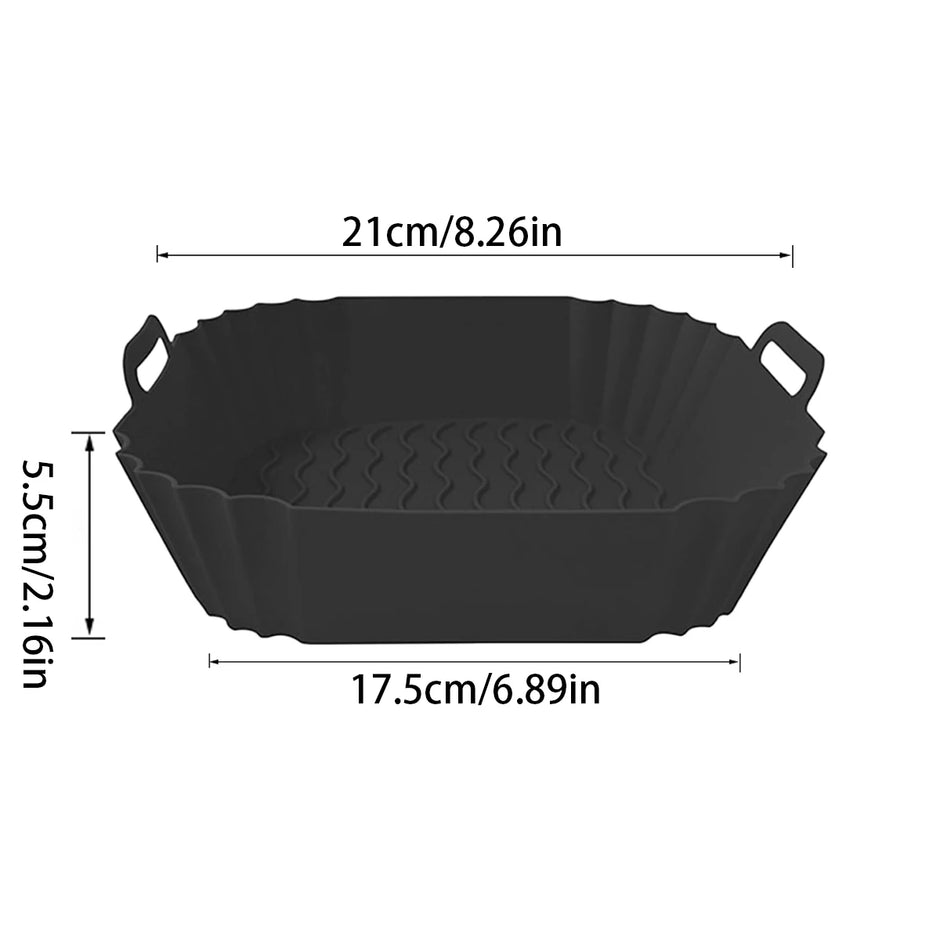 Black plastic basket with measurements on a white background