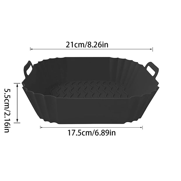 Black plastic basket with measurements on a white background
