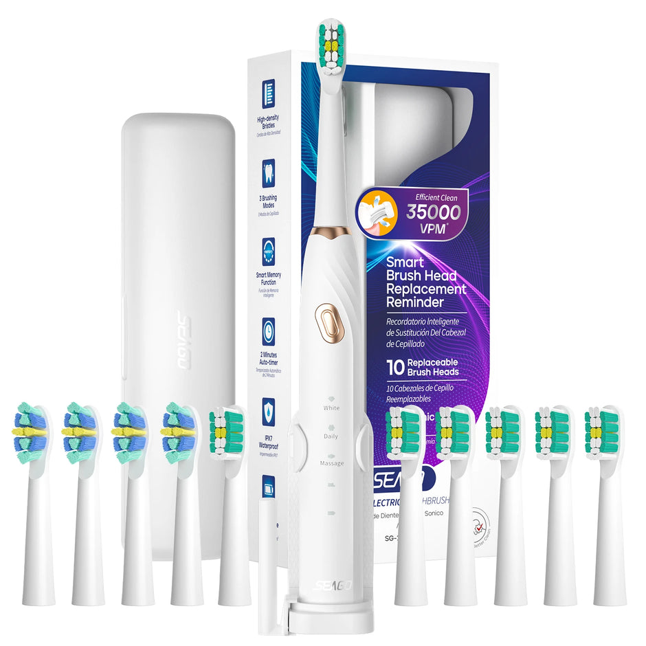Electric toothbrush set with multiple brush heads and packaging on a white background