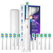 Electric toothbrush set with multiple brush heads and packaging on a white background