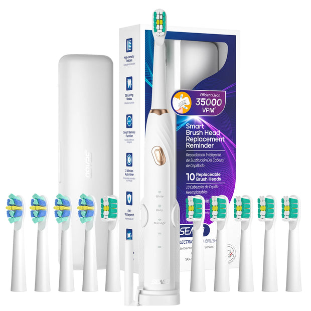 Electric toothbrush set with multiple brush heads and packaging on a white background